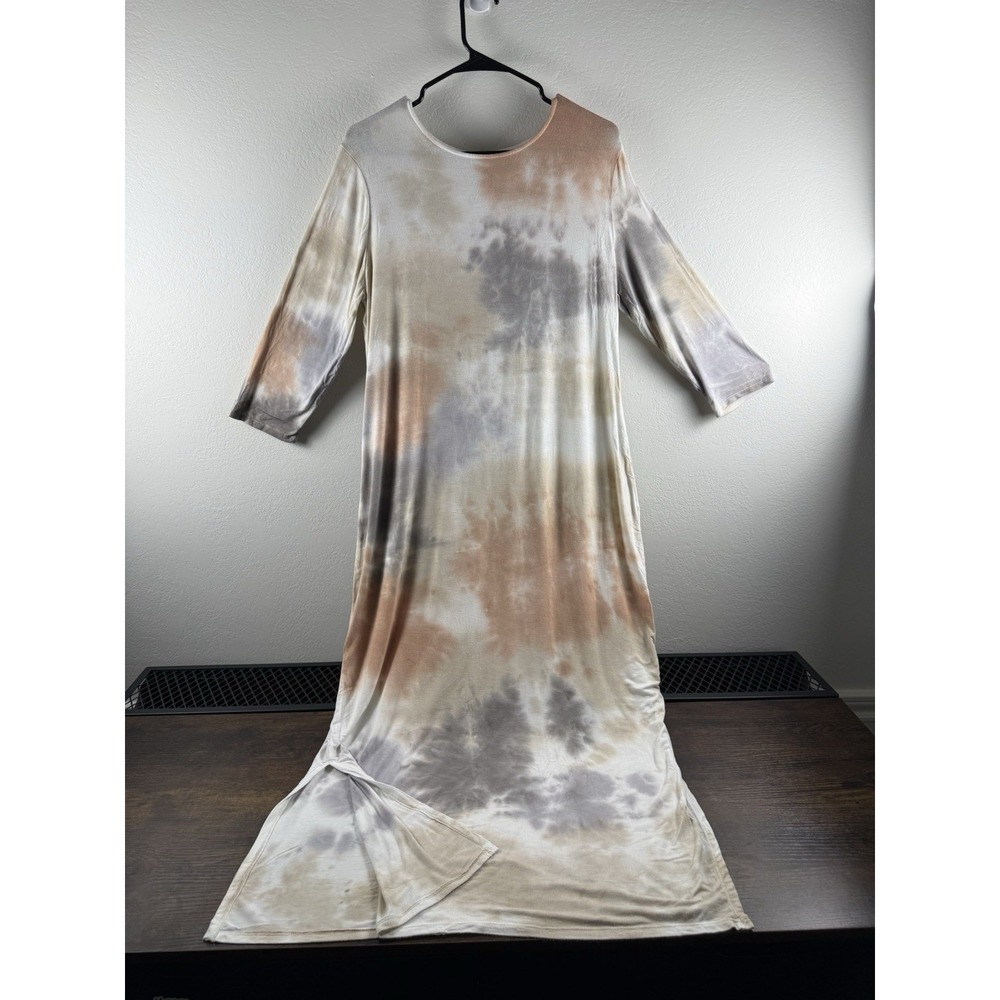 Womens Tie Dye Maxi Dress 3/4 Sleeve Boho Casual Lounge Long Stretchy Dress Sz L